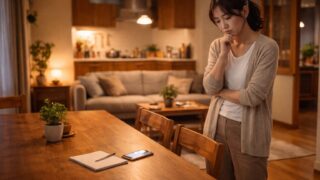 ヨシケイを使うか迷いながら、家全体を見渡して夕食の選択を考える日本の家庭の様子