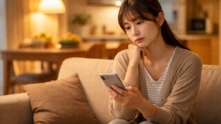 夕方の日本のリビングで、スマートフォンを見ながら夕食や価格について考え込む30代の親