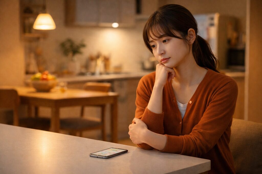 キッチンでスマートフォンを見ながら、ヨシケイの価格について考え込む日本人の親