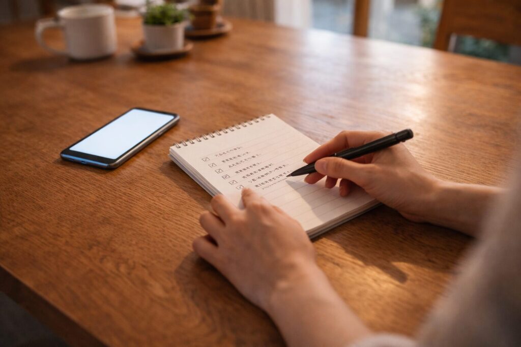 ヨシケイが向いているかをチェックリストで整理して考える家庭のダイニングテーブル