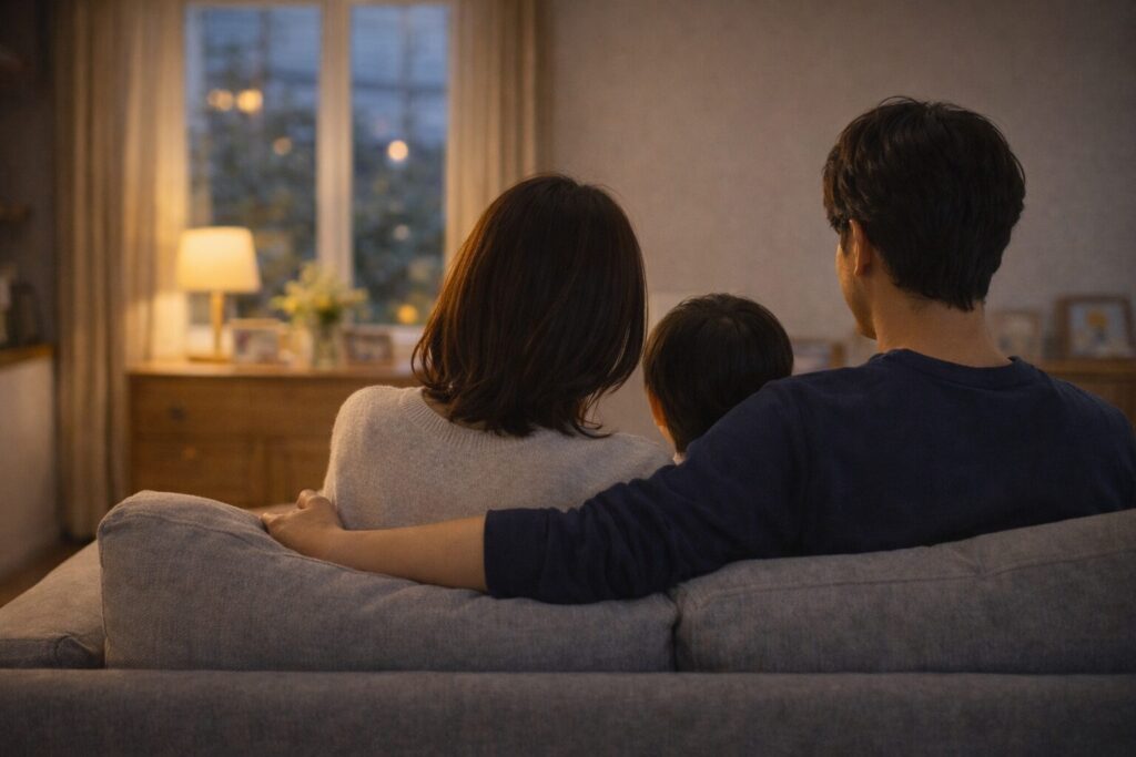 誕生日のお祝いを終えて穏やかに過ごす日本の家族の後ろ姿