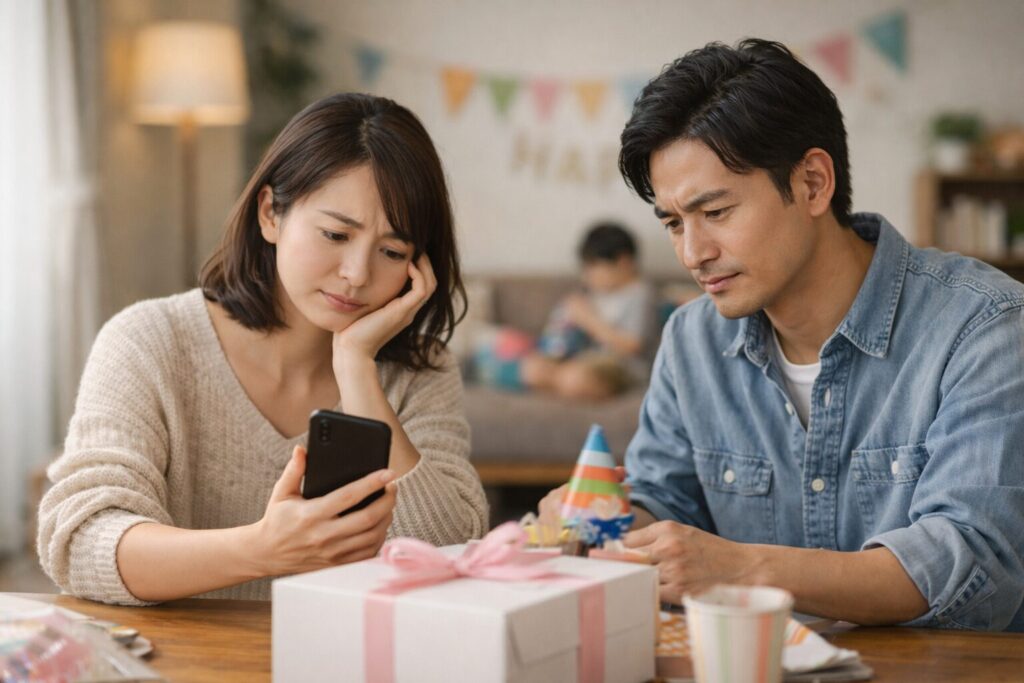 スマートフォンを見ながら誕生日準備に悩む日本人の親