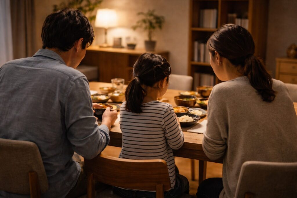 食後の落ち着いた日本の家庭のダイニング風景