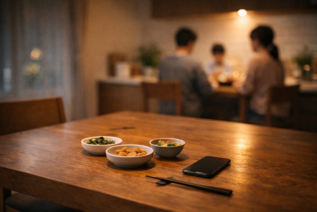 食材宅配を取り入れた穏やかな夜の家庭のイメージ写真