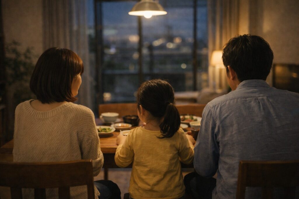 夜の食卓で落ち着いた時間を過ごす家族の後ろ姿