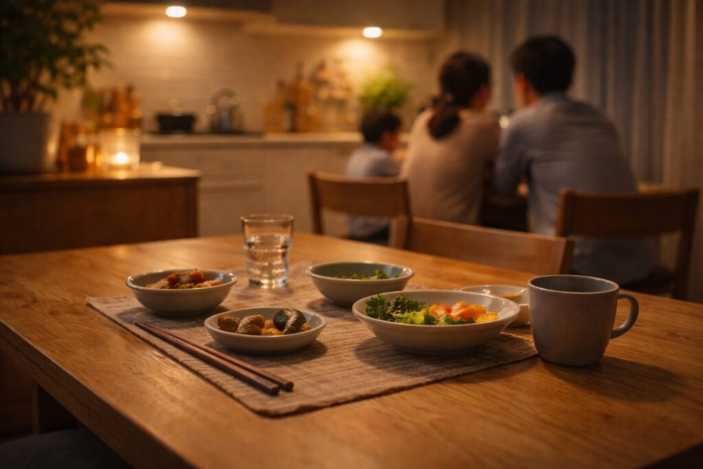 食材宅配を取り入れた穏やかな夜のキッチン風景