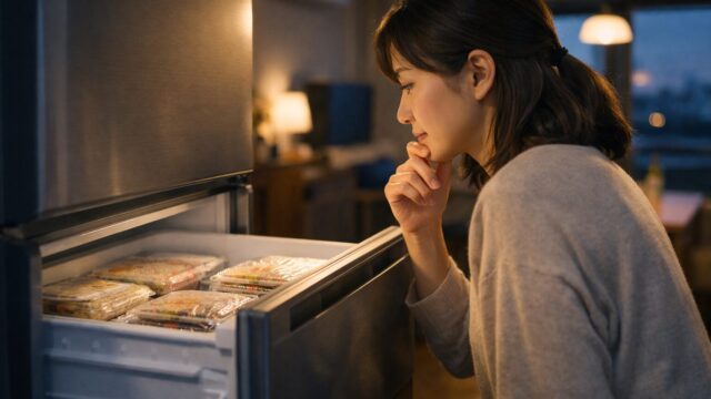 冷凍宅配の利用を考えながら冷凍庫を開ける共働き家庭の親