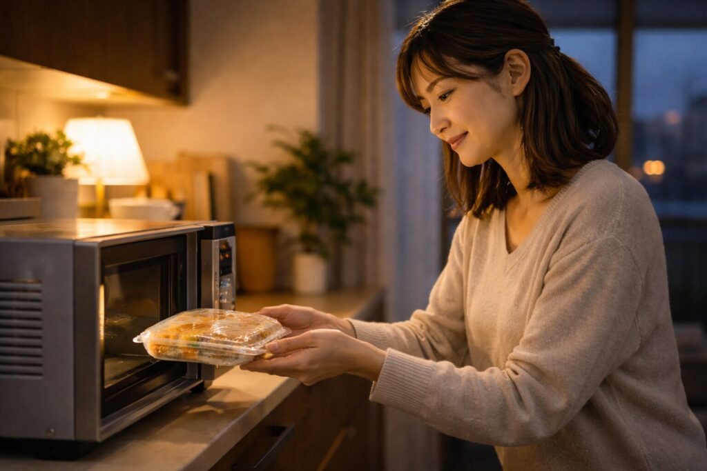 電子レンジで冷凍宅配を温める共働き家庭の親