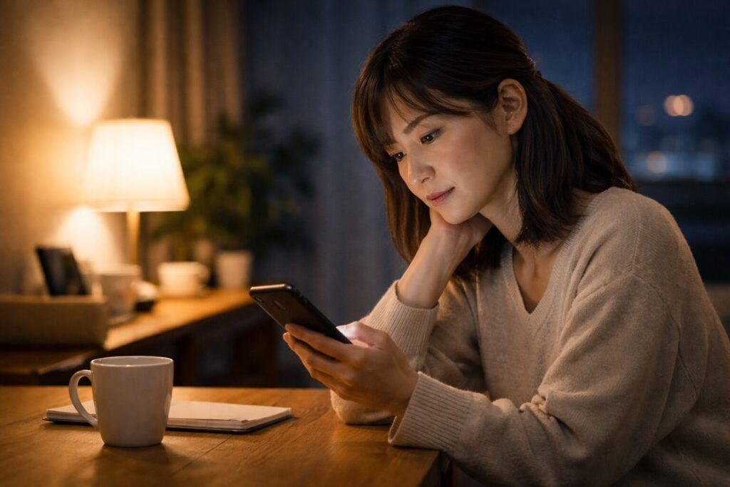 冷凍宅配の口コミをスマホで確認する夜の共働き家庭の親