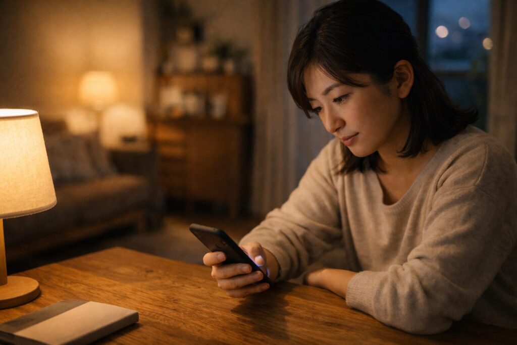 宅配食の口コミをスマートフォンで確認しながら考える親の様子