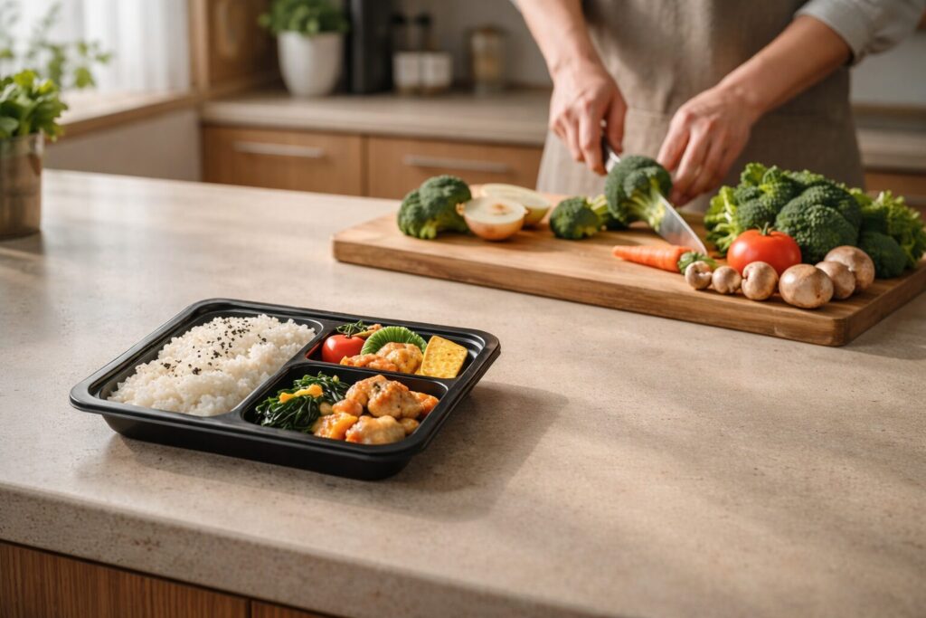 宅配食と食材宅配の違いを示すキッチンカウンターの写真