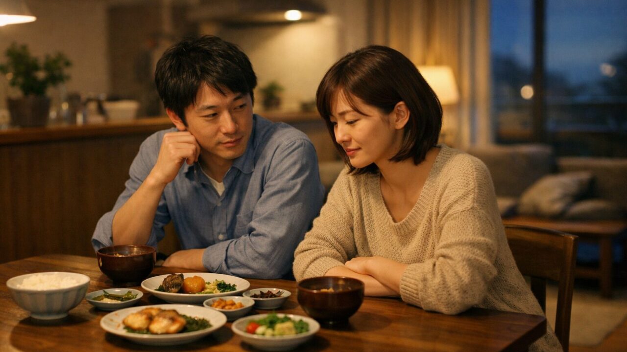 わんまいるの味が気になりながら夕食について話し合う共働き夫婦のイメージ