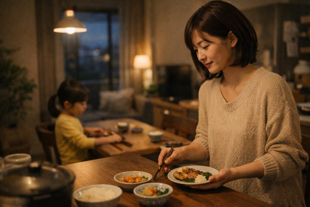 夕方のキッチンで温かい食事を用意する共働き家庭のイメージ