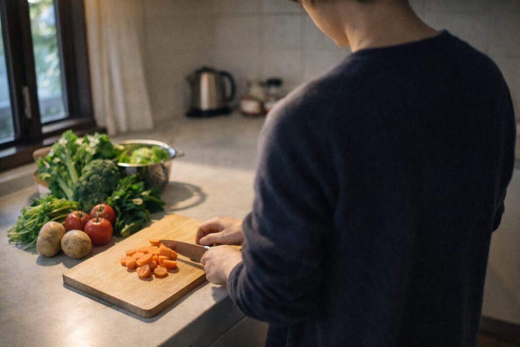共働き家庭でらでぃっしゅぼーやの野菜を調理する様子