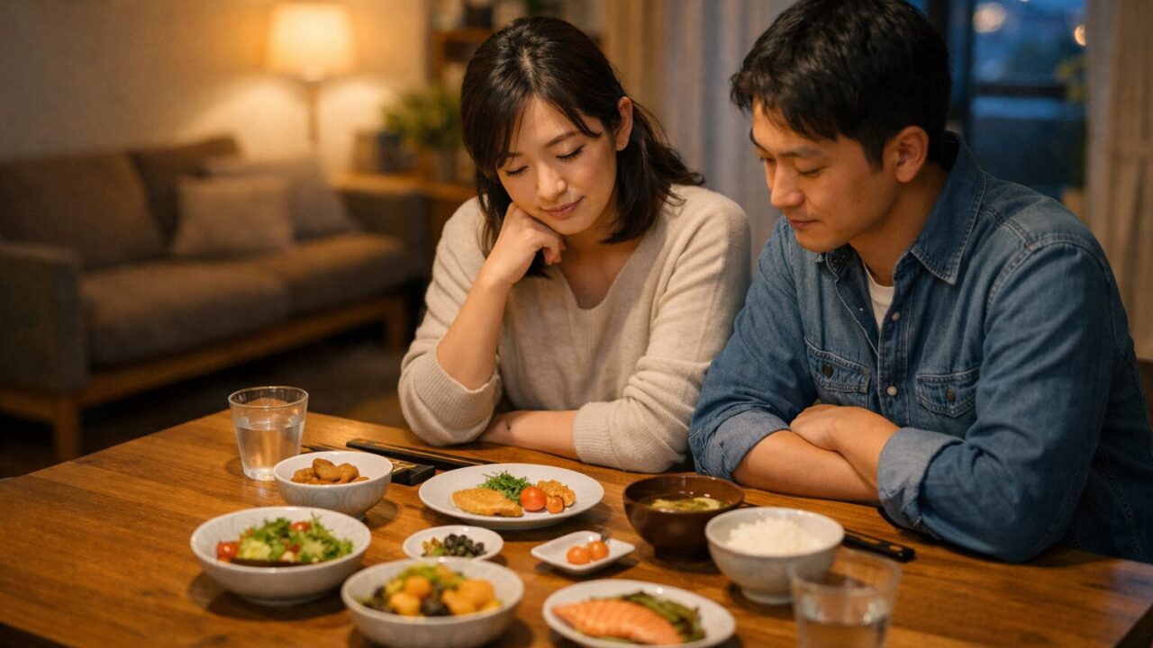 夕方の食卓で冷蔵宅配惣菜と冷凍弁当について話し合う共働き夫婦のイメージ