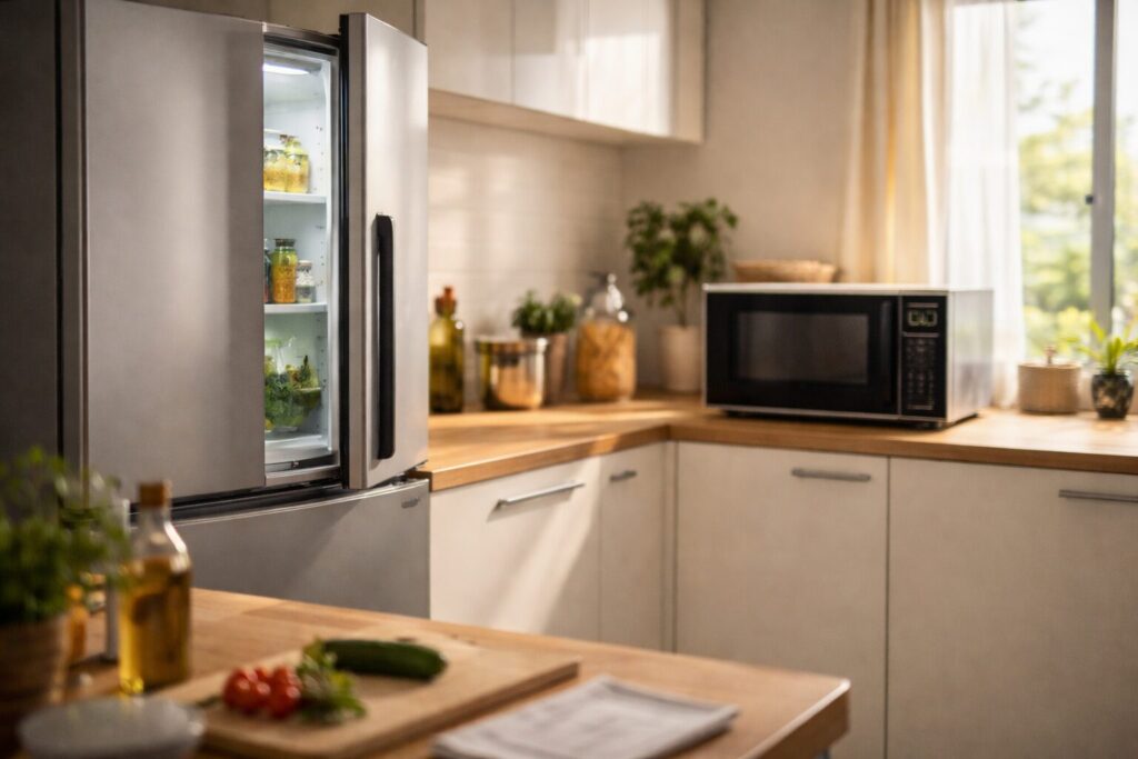 キッチンに置かれた冷蔵庫と電子レンジのある風景