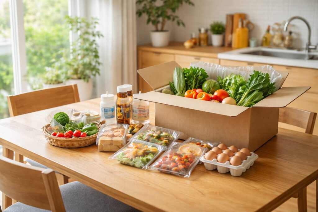 明るいキッチンに並ぶ食材宅配の野菜セット