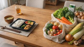 宅配食と食材宅配の違いをイメージした弁当と野菜の比較写真