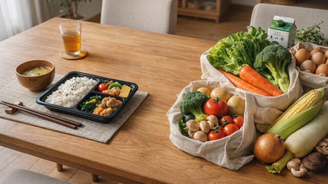 宅配食と食材宅配の違いをイメージした弁当と野菜の比較写真