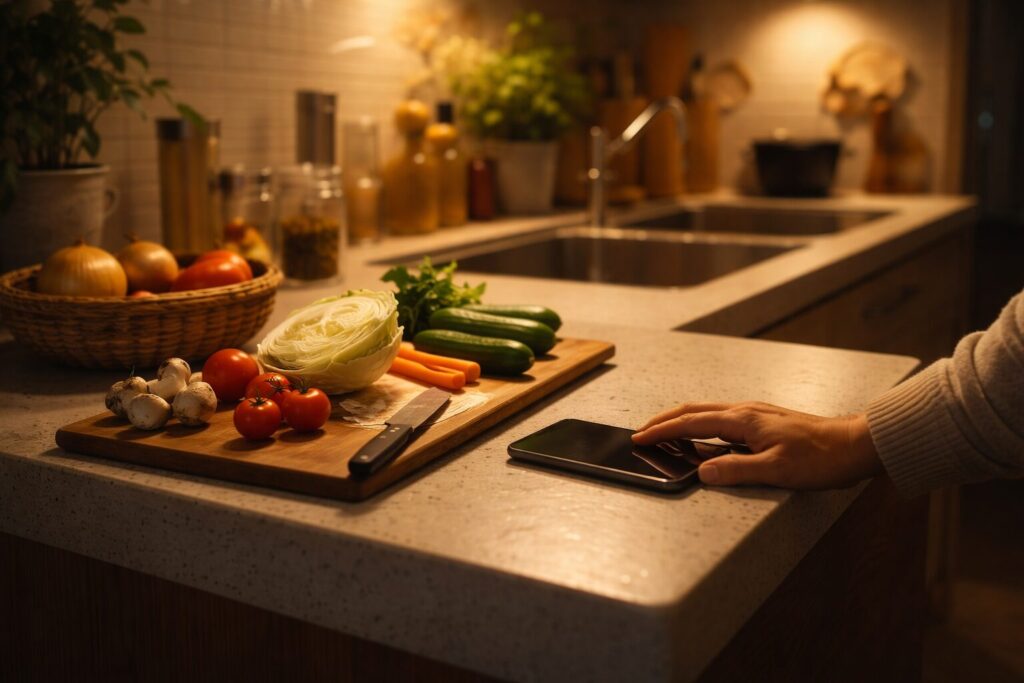 共働き家庭の忙しい夜のキッチン風景