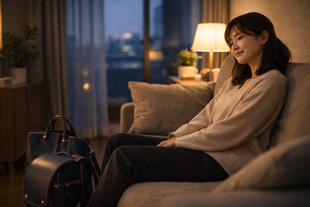 仕事帰りにリビングで一息つく共働き家庭の親とランドセル