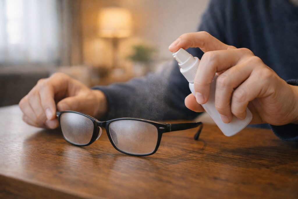 メガネに曇り止めスプレーを使う様子
