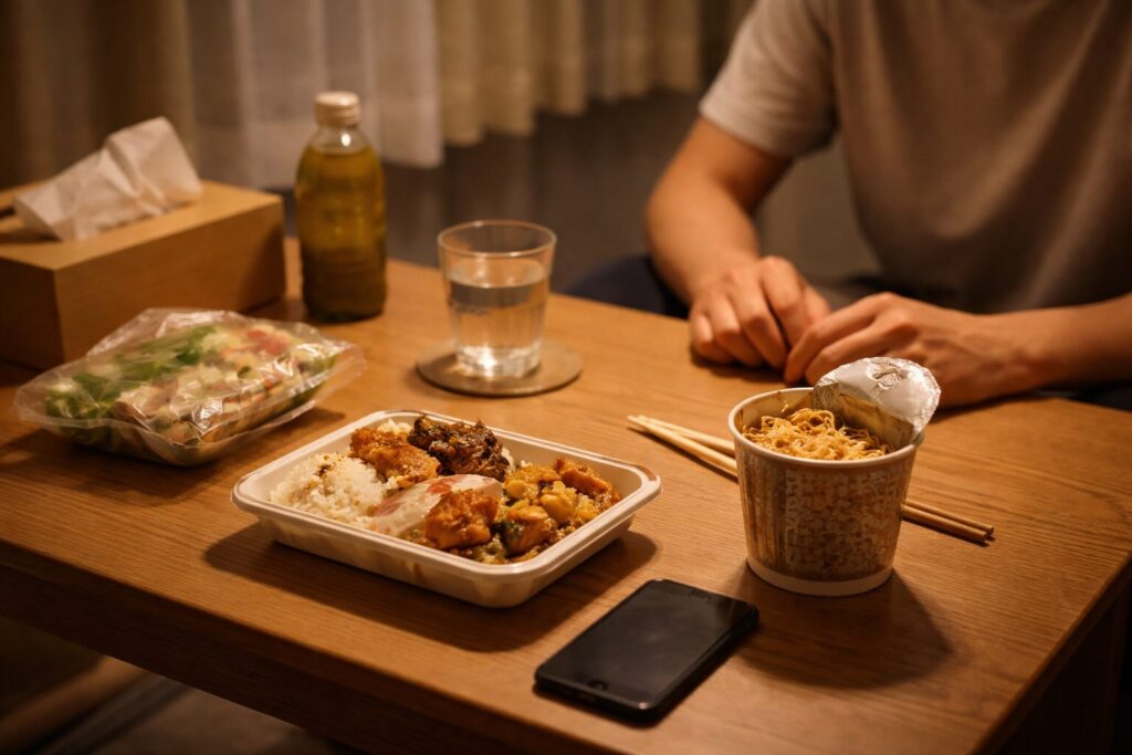 忙しい日に簡単な食事で済ませているイメージ