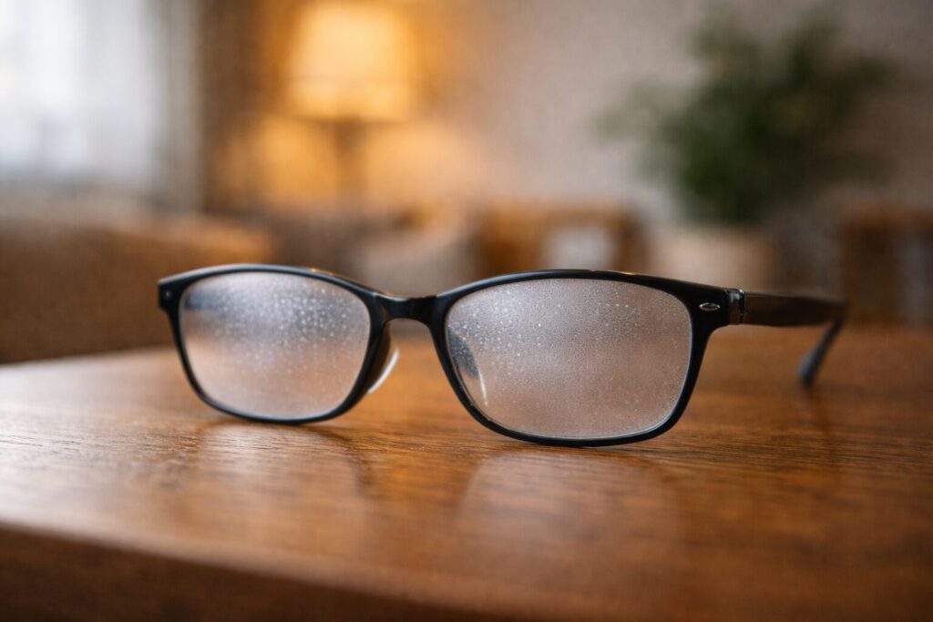 レンズが曇ったメガネのクローズアップ