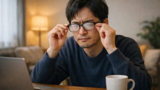 メガネが曇って困っている男性の様子