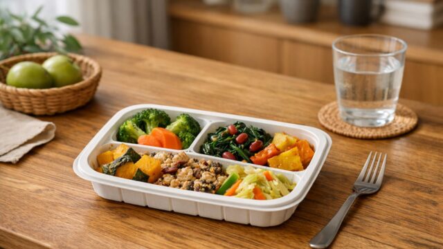 GREEN SPOONの冷凍弁当をイメージした野菜たっぷりのヘルシーな食事