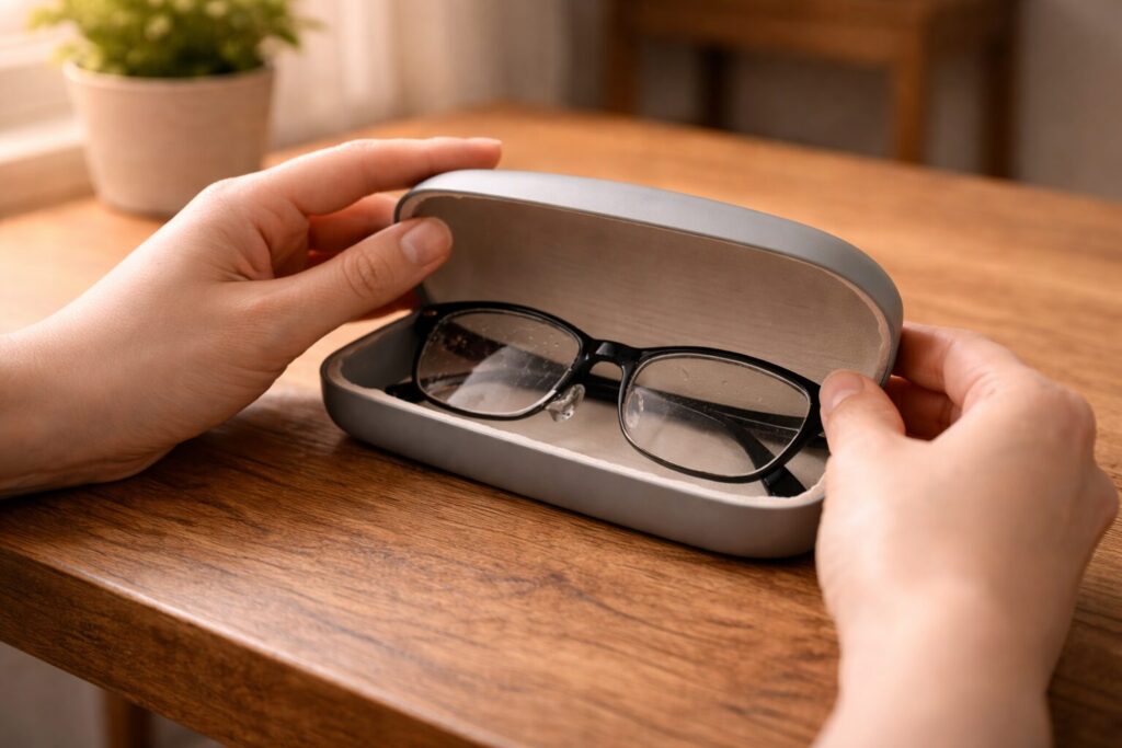 メガネをケースに入れて保管している様子