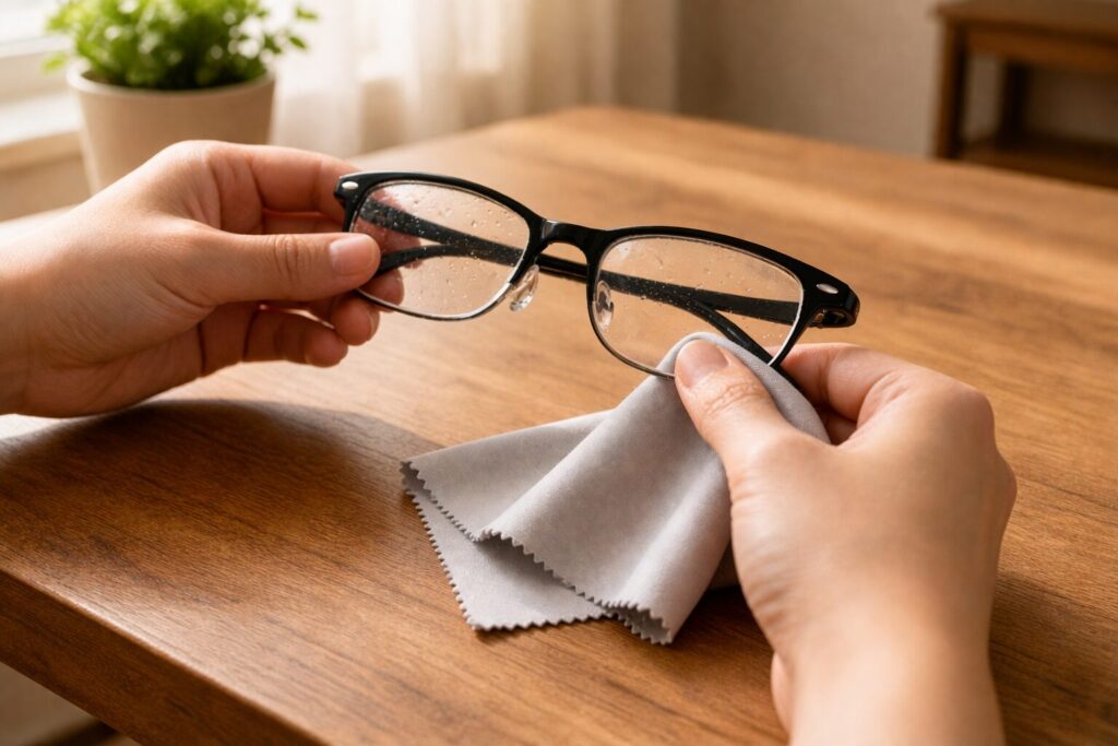 メガネクロスでレンズを優しく拭いている様子