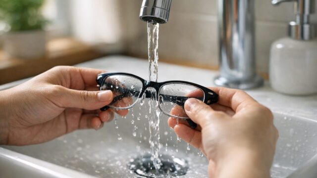 メガネを水で軽くすすいで汚れを落としているイメージ