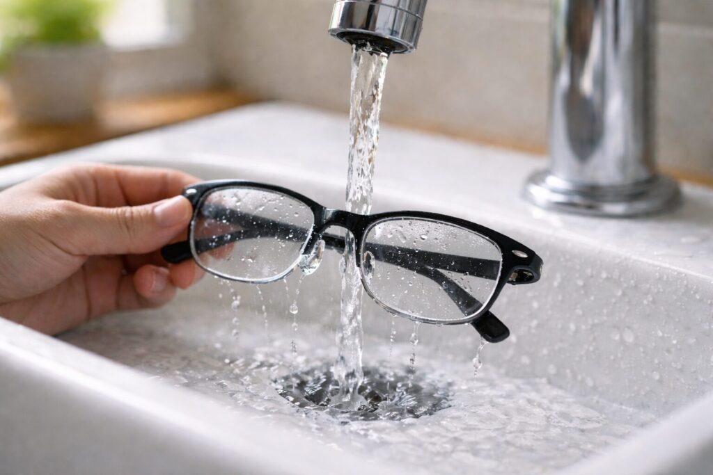 蛇口の水でメガネレンズのホコリを流している様子