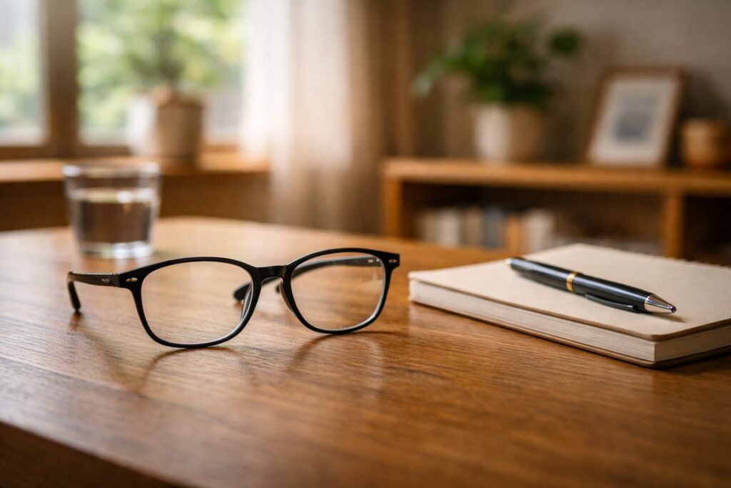 テーブルに置かれたメガネと日常生活のイメージ