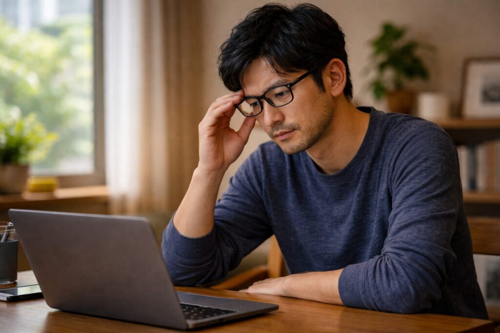 メガネをかけてパソコン作業をしながら目の疲れを感じている男性