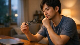 メガネの寿命や買い替えタイミングを考えている30代男性のイメージ