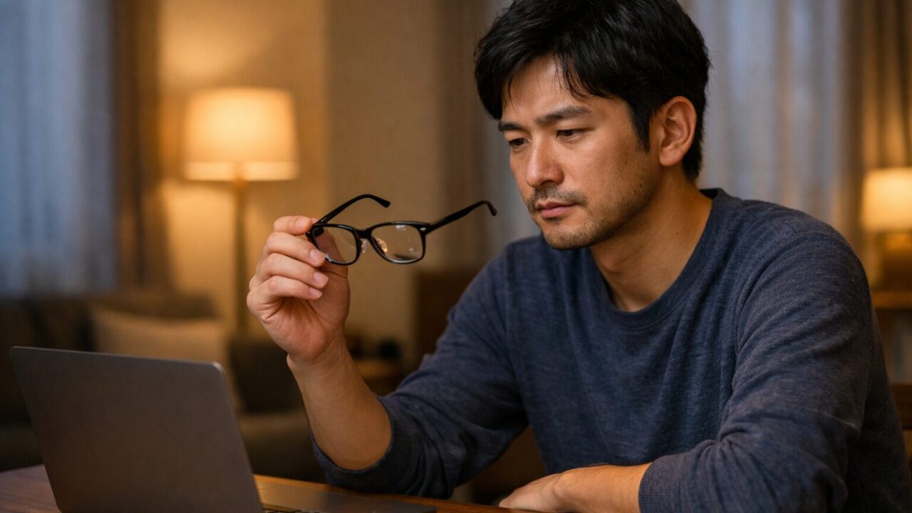 メガネの度数が合わないか確認している男性のイメージ