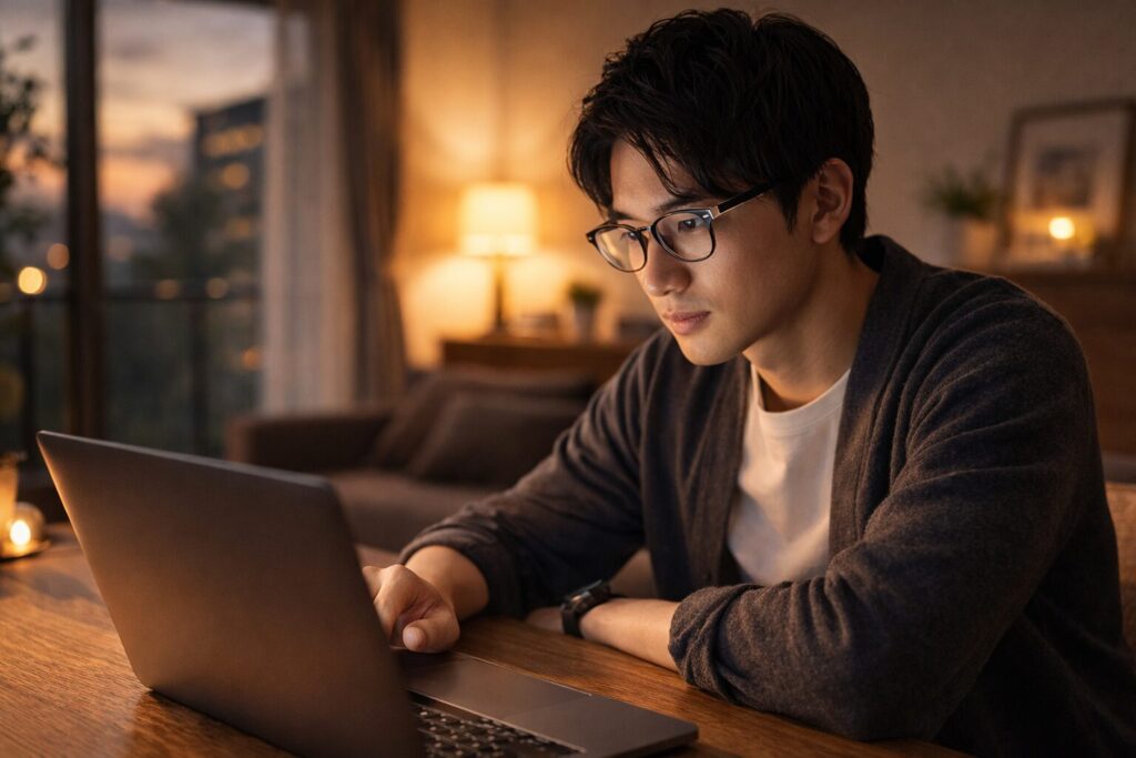 強度近視でメガネをかけてパソコン作業をする男性のイメージ