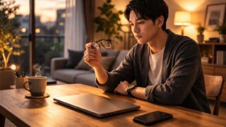 強度近視のメガネ選びについて考えている30代男性のイメージ