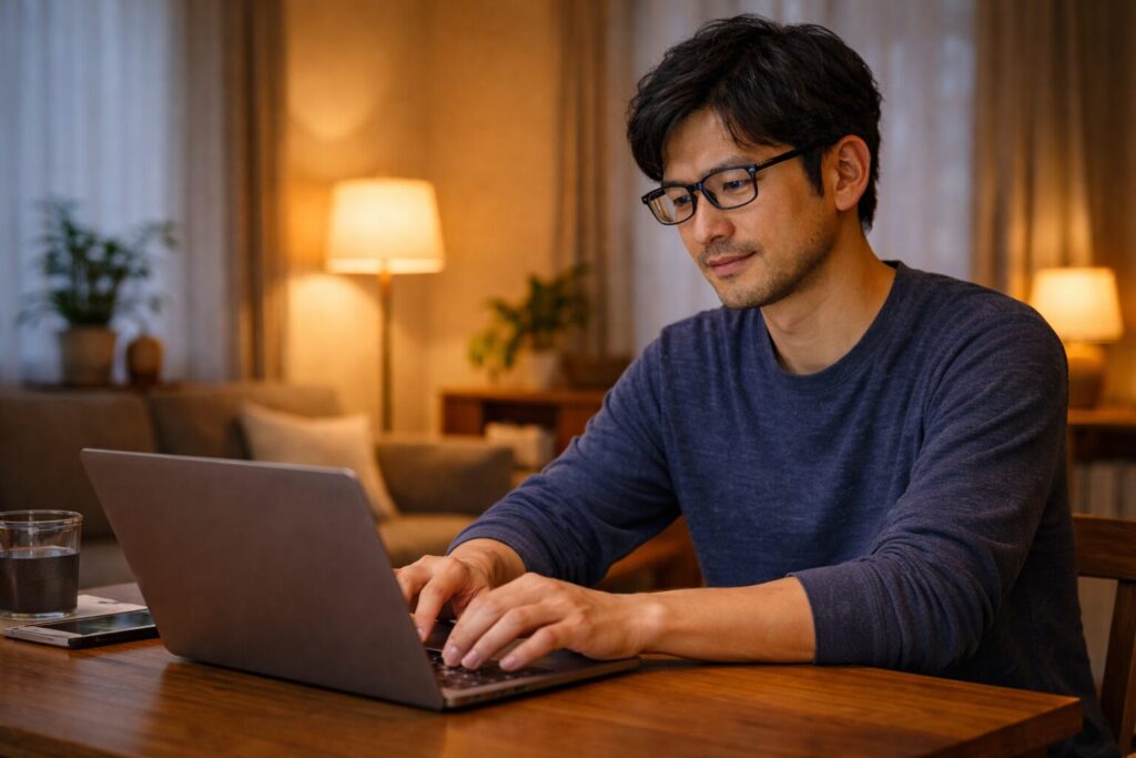 メガネをかけて落ち着いてパソコン作業をしている男性