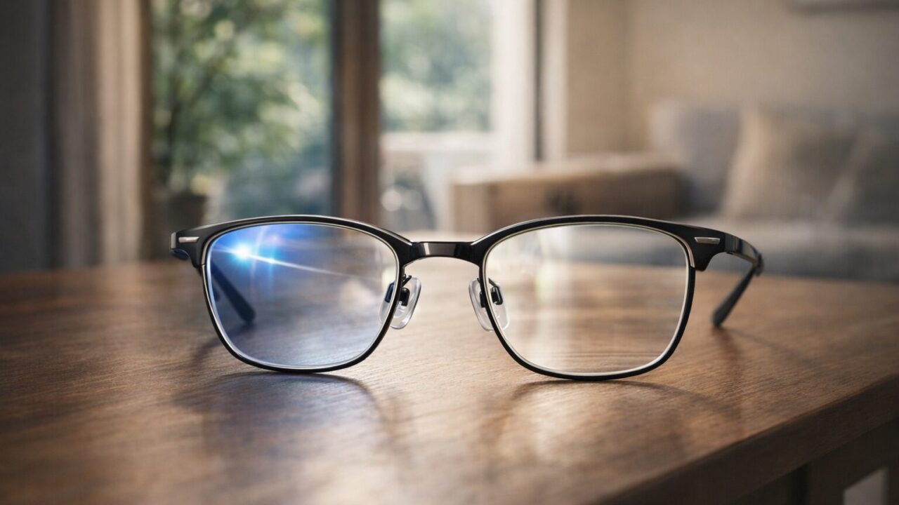 眼鏡市場のレンズコーティング比較イメージ。自然光の下で異なる反射を見せるメガネレンズ