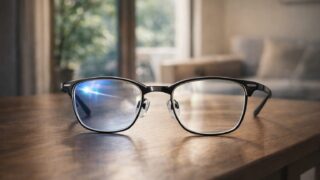 眼鏡市場のレンズコーティング比較イメージ。自然光の下で異なる反射を見せるメガネレンズ