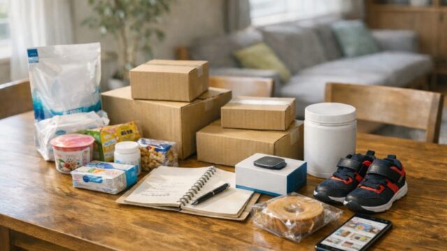 楽天お買い物マラソンで購入した日用品や子ども用品が並ぶダイニングテーブル