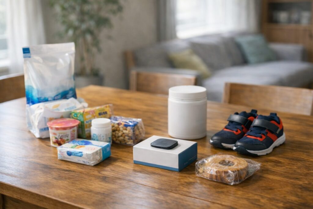 楽天マラソンで購入してよかった日用品やガジェットが並んでいる様子