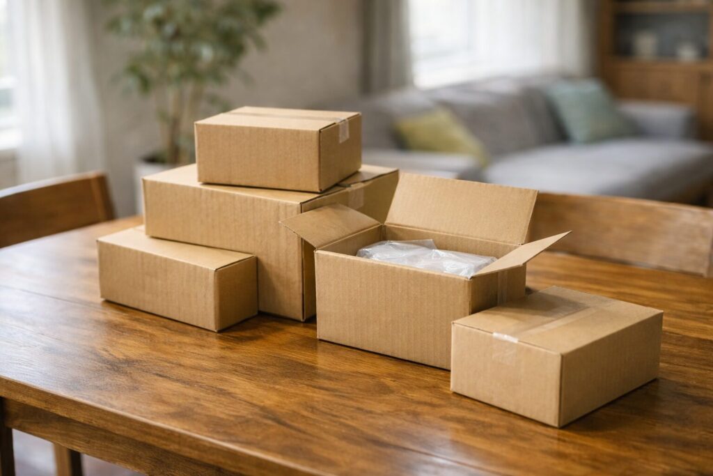 楽天で購入した商品が届いた段ボール箱がダイニングテーブルに並んでいる様子