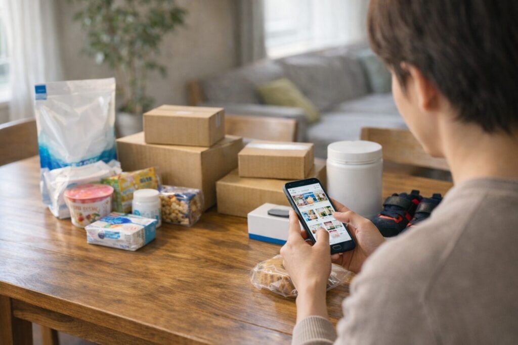 スマートフォンで楽天の買い物をしている家庭の様子