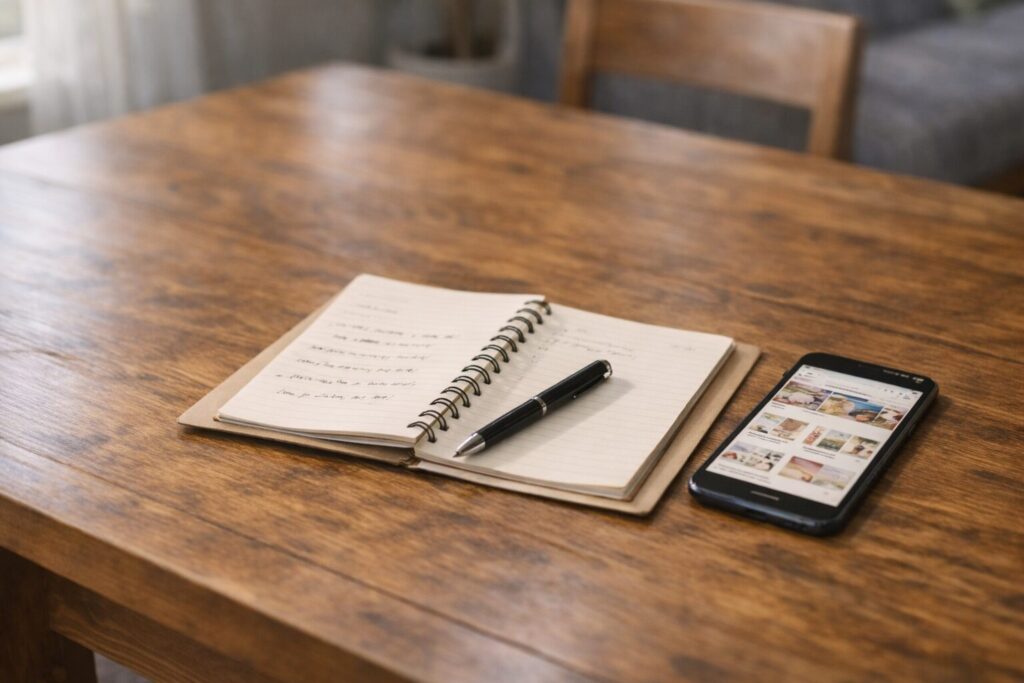 楽天マラソンの買い回り計画をノートにメモしている様子