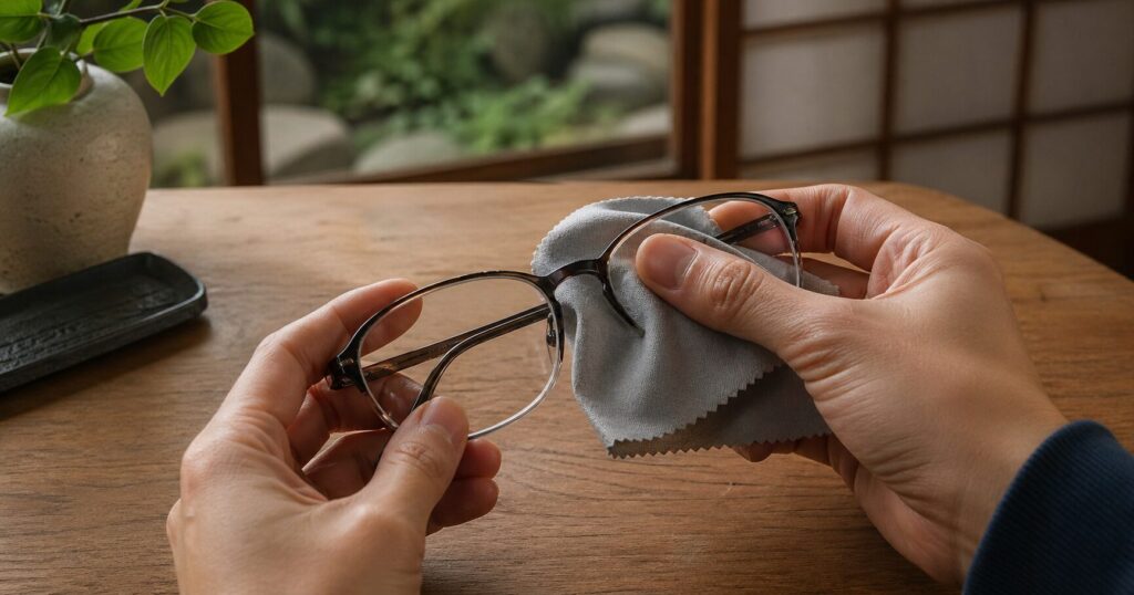 メガネをクロスで優しく拭いている様子