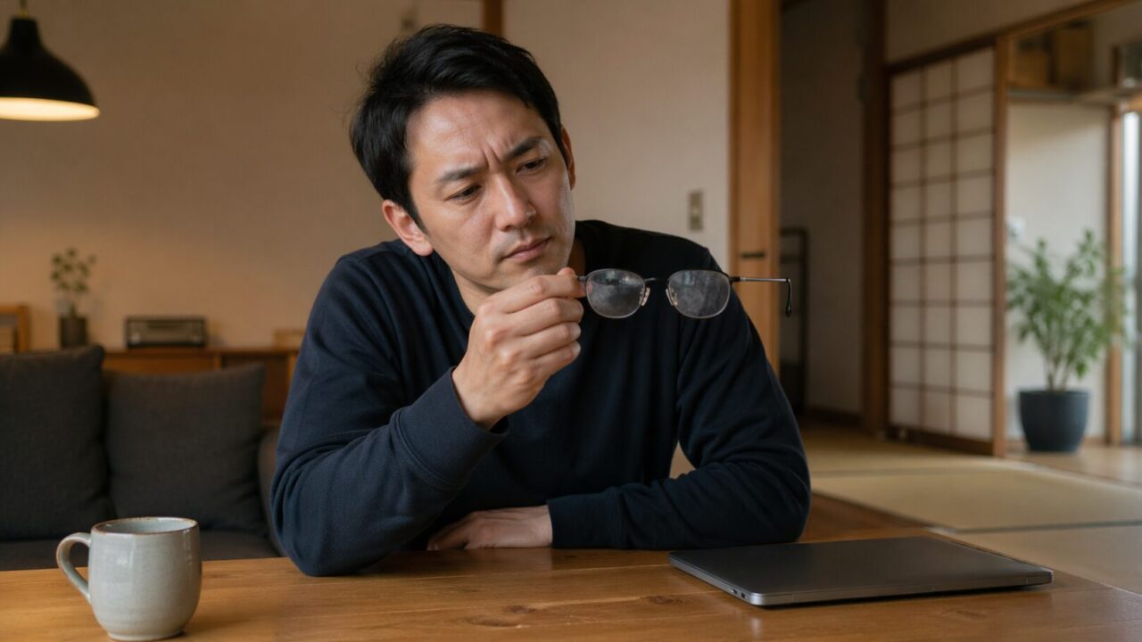 メガネのレンズの汚れに気づいて確認している男性